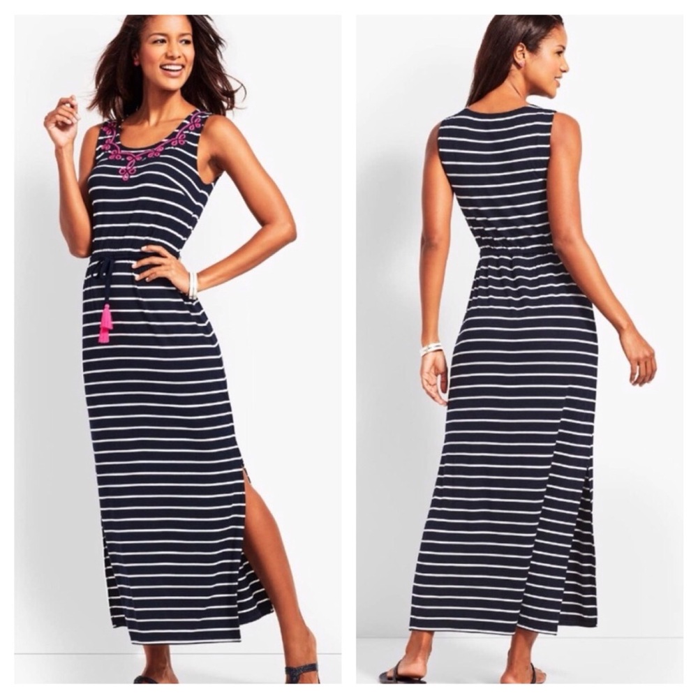 Talbots Black Embroidered Tassel Belt Striped Jersey Knit Maxi Dress Sz MP Boho